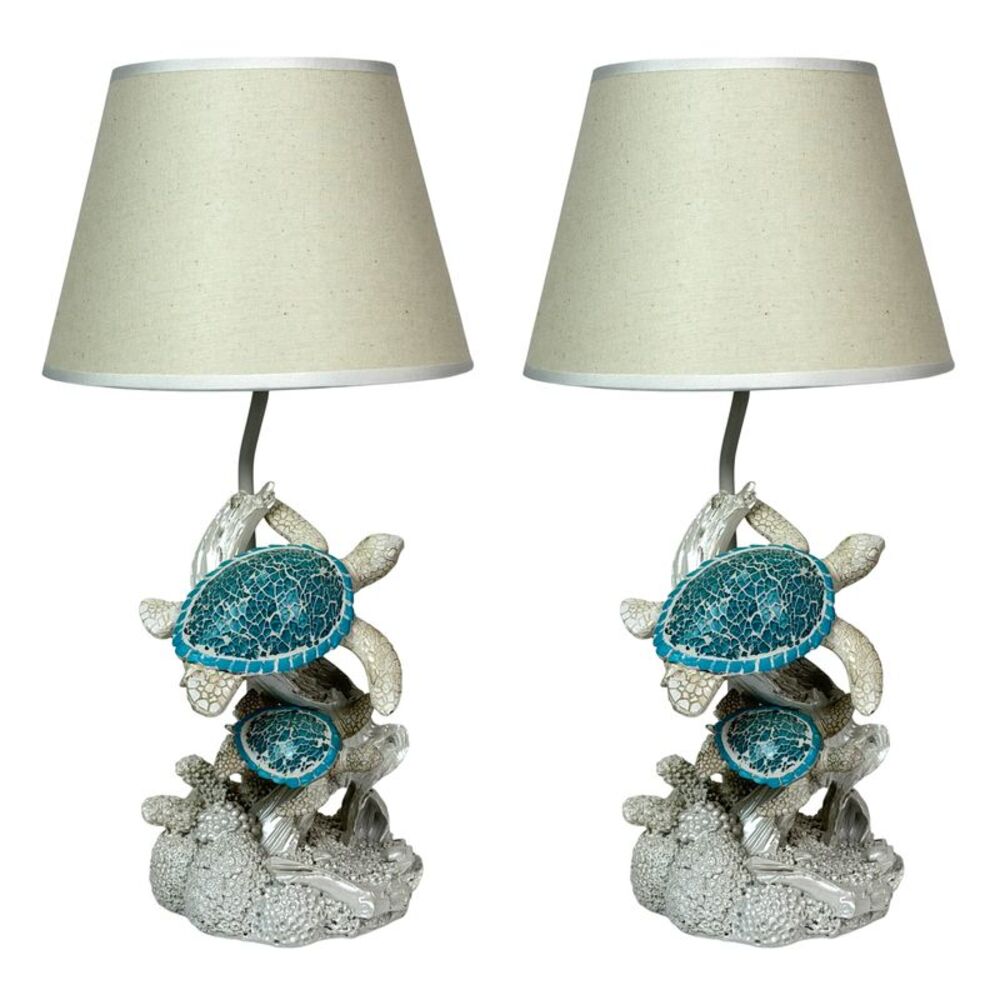 Set of 2 Resin Sea Turtle Table Lamps with Blue Mosaic Shells, 19 Inch Each